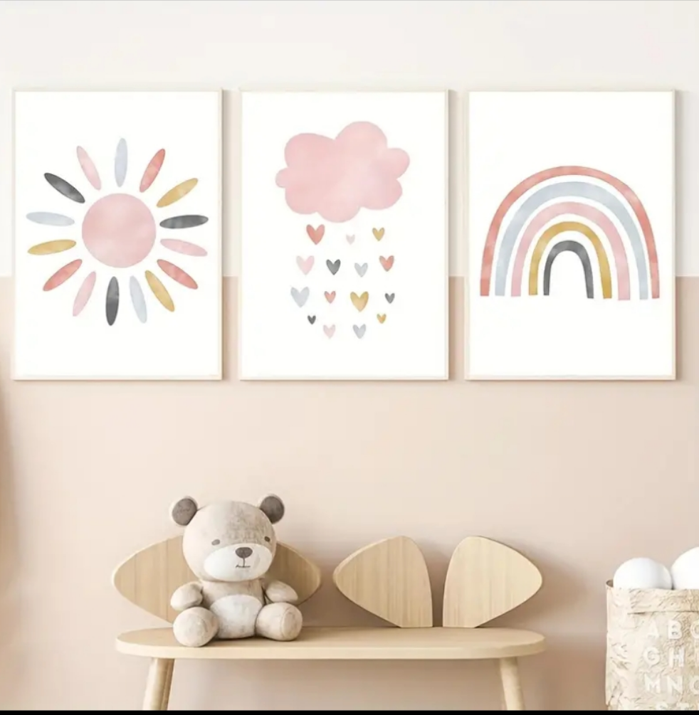 Wand-Bild Poster Kinderzimmer Spielzimmer gerahmt mit Rahmen Regenbogen Sonne Wolke 20×25 cm